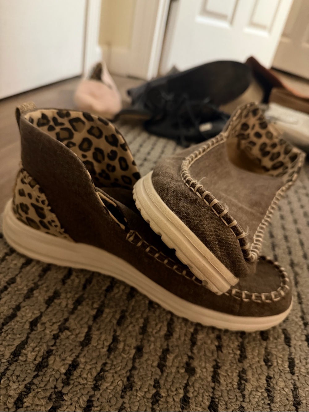 Hey Dude Women's Brown Slip-On Moccasins with Leopard Liner